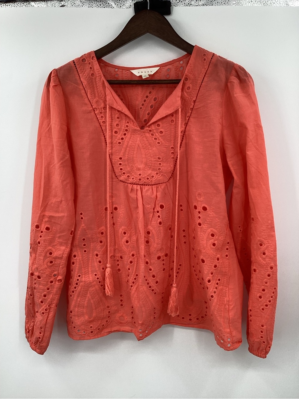 Adiva Coral Eyelet Peasant Tunic with Tassel Ties
